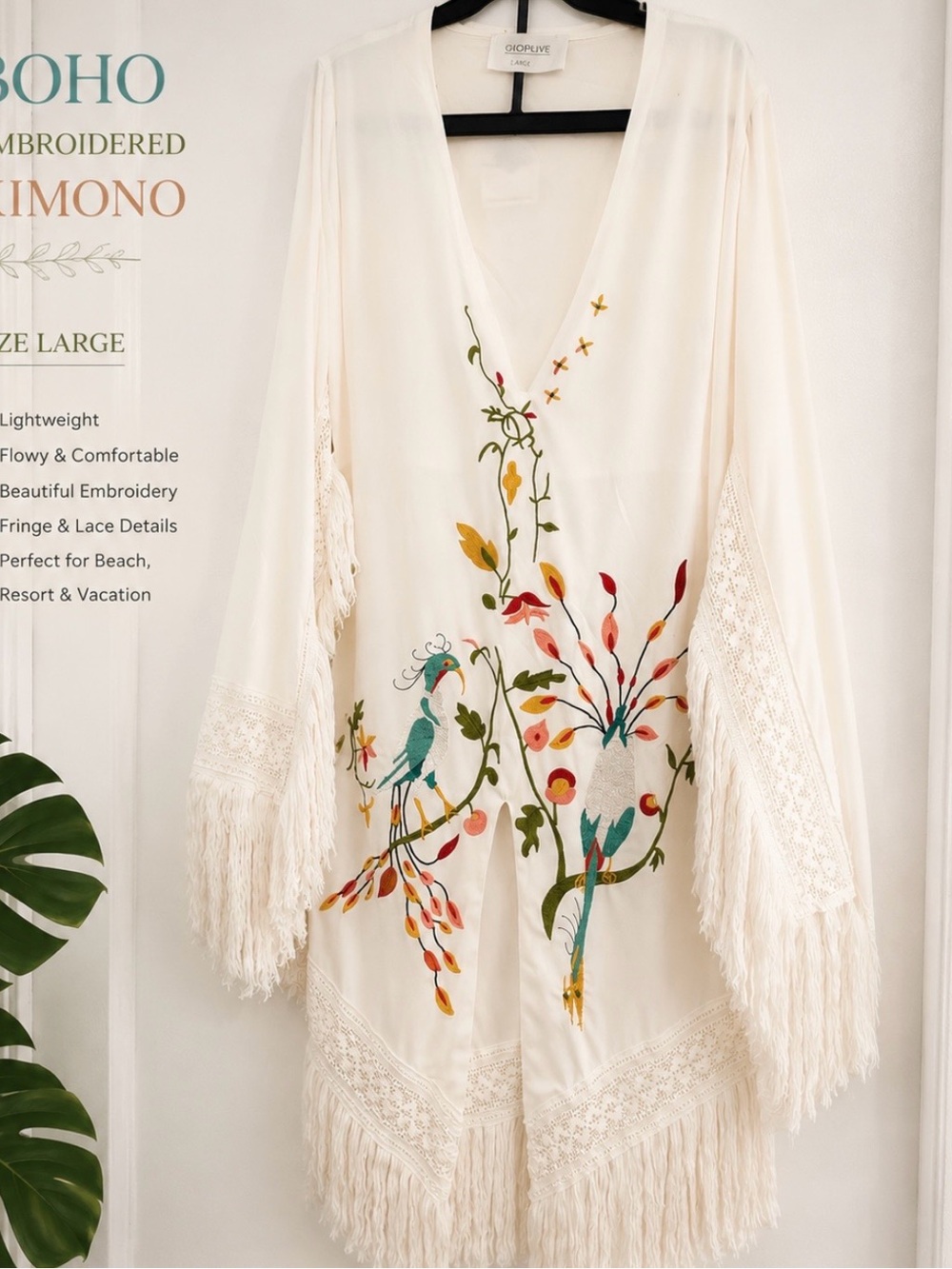 Ivory Embroidered Boho Kimono Swim Coverup